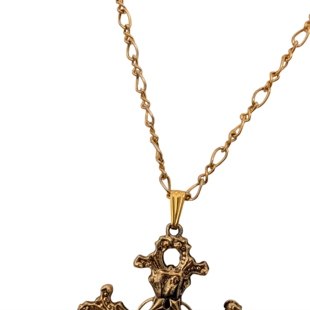 TRUE VINTAGE Renaissance Cross Necklace Heavy Gold Tigers Eye Christian